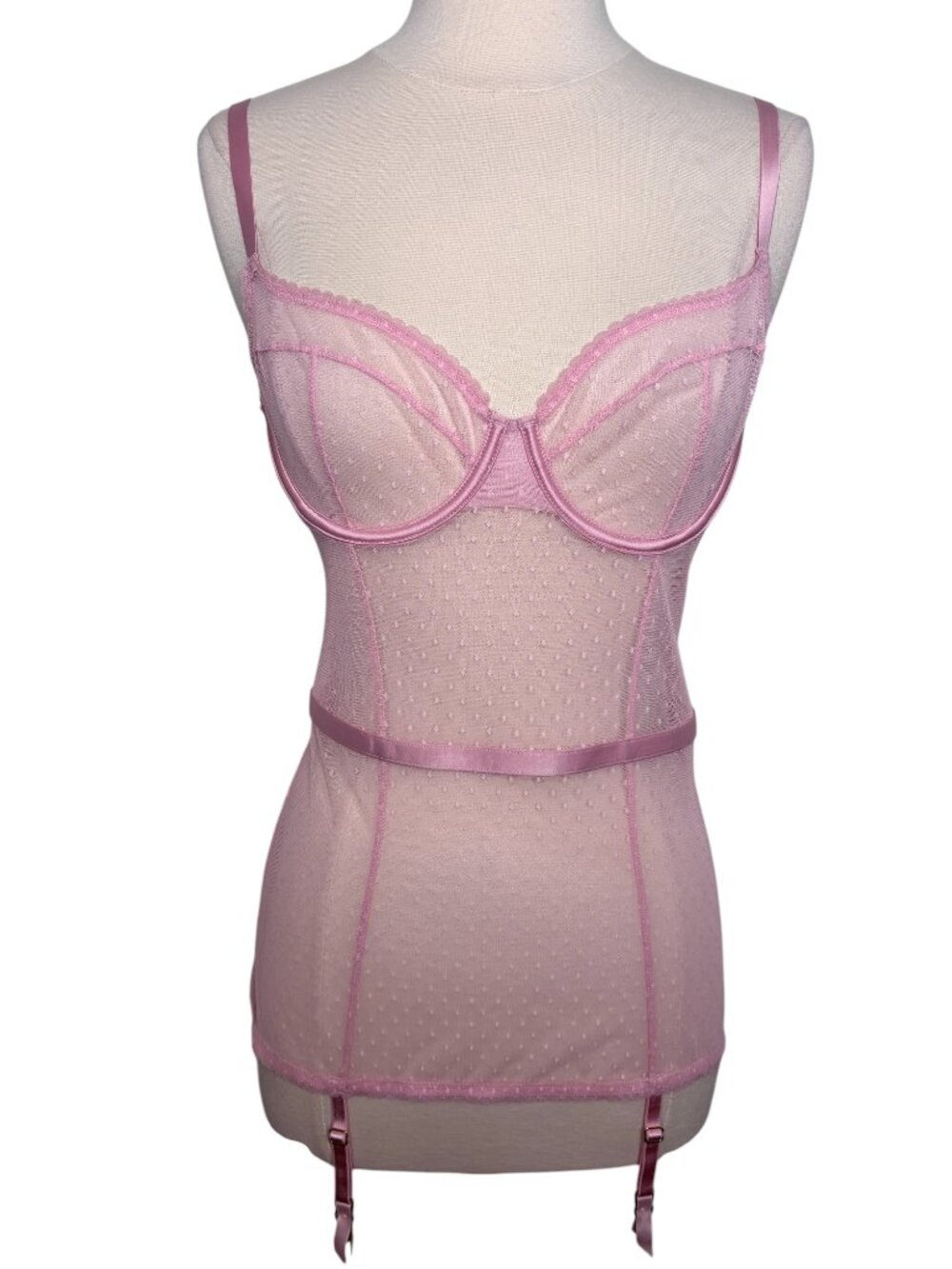 Victoria's Secret Pink Sheer Mesh Swiss Dot Underwire Garter Straps Lingerie M